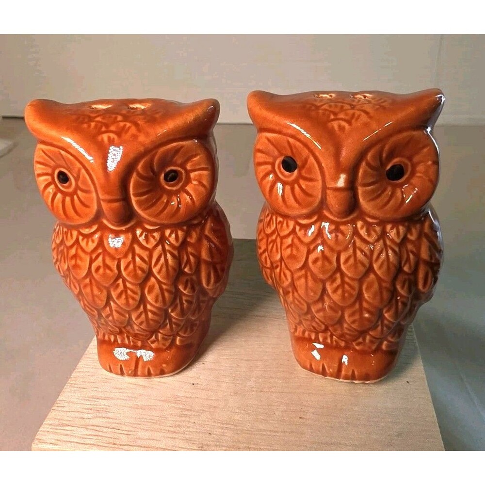 Vintage Brown Owl Ceramic Salt And Pepper Shaker Set With Stoppers